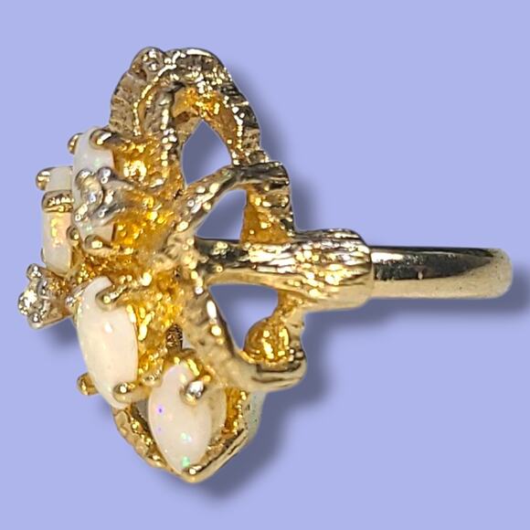 Vintage 18K HGE Gold Plated 4 White Opals & CZ Cocktail Ring Size 4.5 - Picture 7 of 16